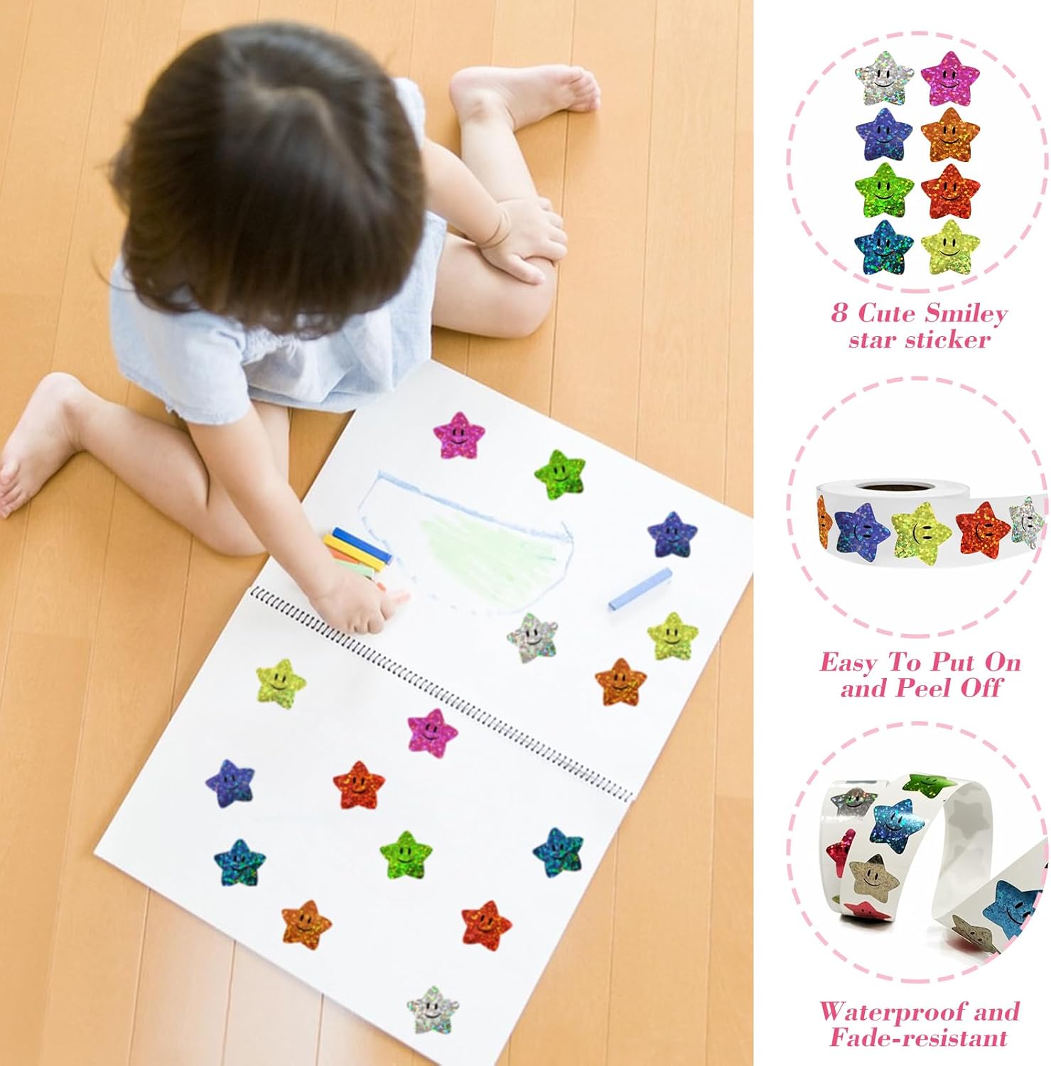 700Pcs Smiley Face Star Stickers for Kids Reward,1inch 8 Colored Sparkly Foil Star Stickers for Student Planner and School Classroom Teacher Supplies 3.15inch — image 4