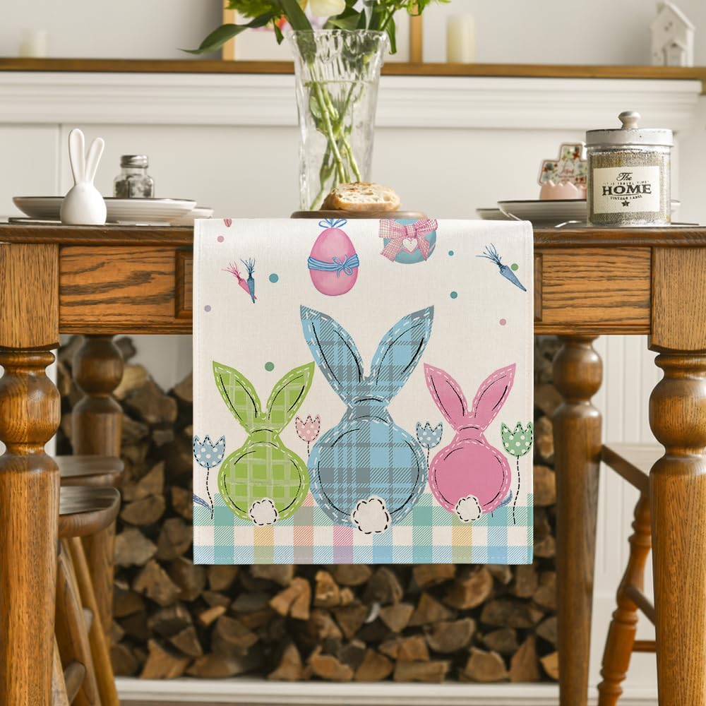 Buffalo Plaid Bunny Egg Carrot Easter Table Runner, Seasonal Spring Kitchen Dining Table Decoration for Home Party Decor 13 × 72 Inch — image 2