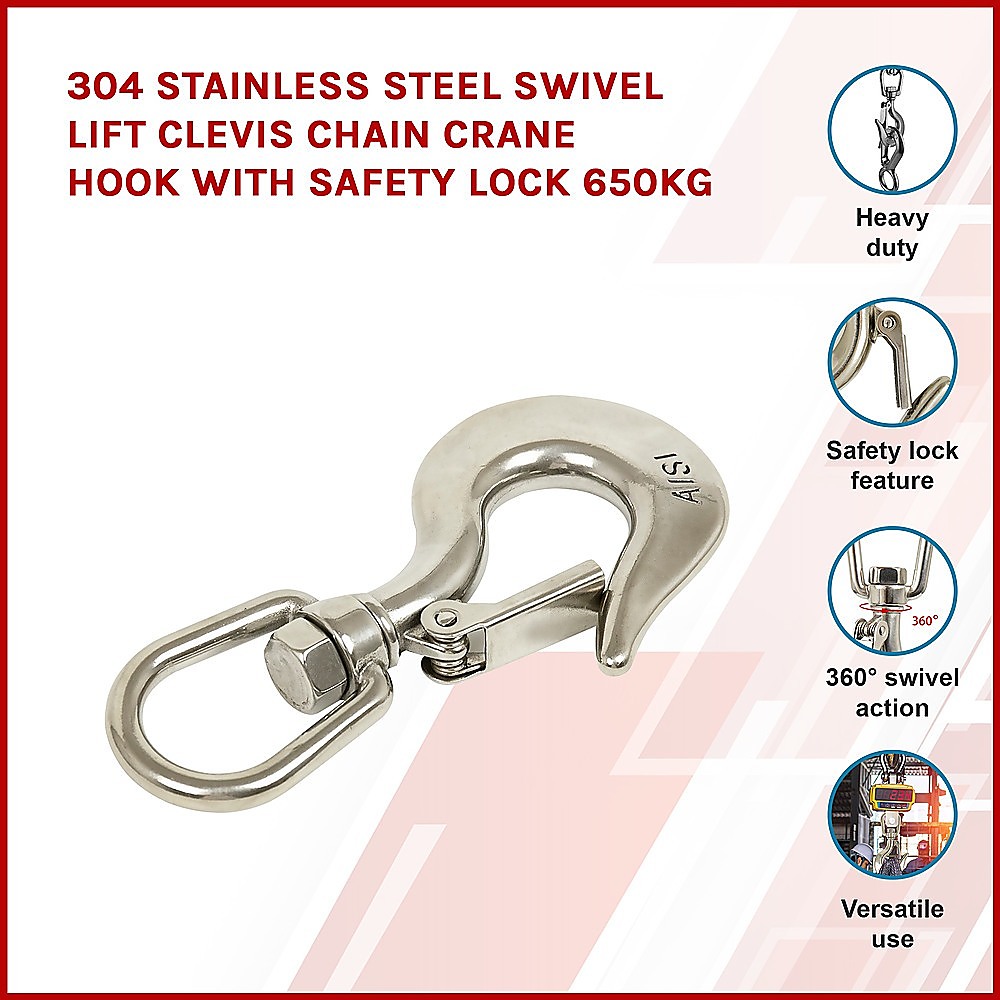 304 Stainless Steel Swivel Lift Clevis Chain Crane Hook with Safety Lock 650kg โ image 3