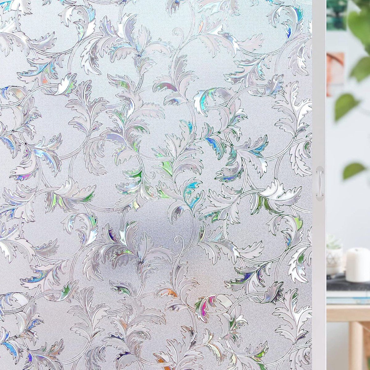 Decorative Window Privacy Film Static Cling PVC Frosted Glass Leaf Pattern For Home Office Bathroom, 45 × 200 cm