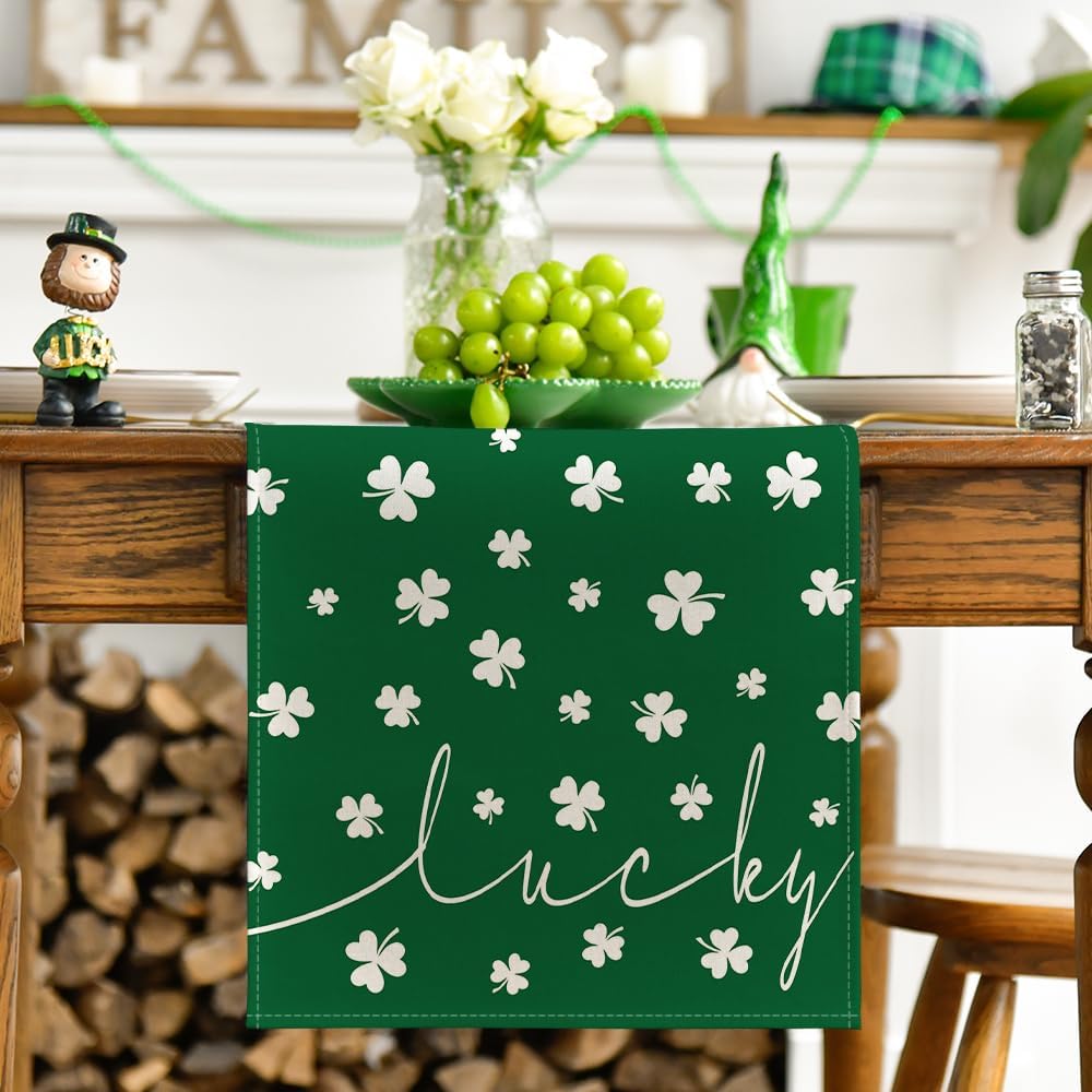 Green Lucky Shamrock St. Patrick's Day Table Runner, Seasonal Spring Holiday Kitchen Dining Table Decoration for Indoor Outdoor Home Party Decor 13 × 72 Inch — image 2