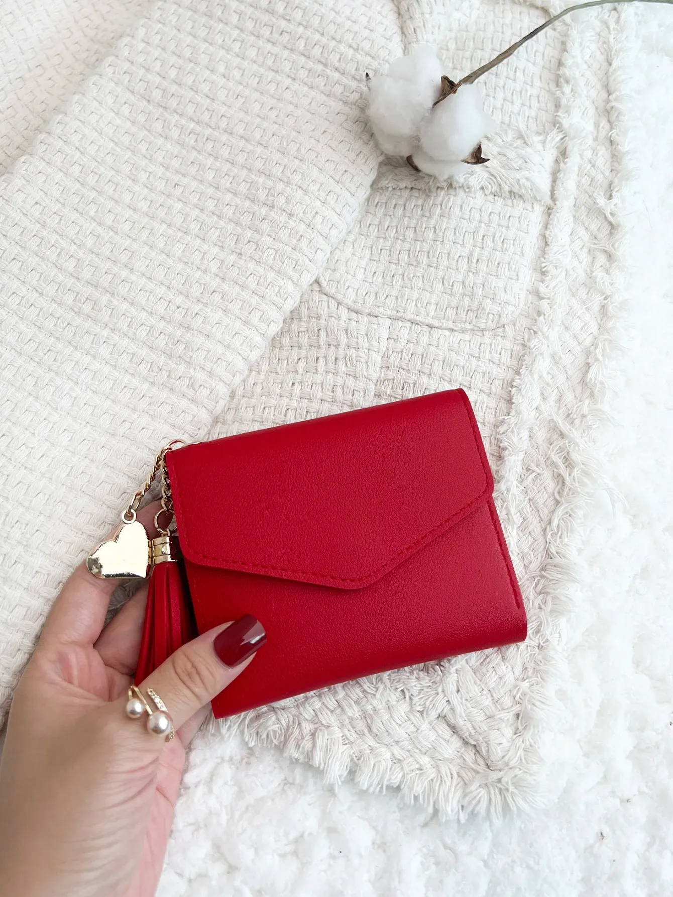 Tassel Decor Fold Over Credit Card Small ID Window Slim Women Wallet Mini Lightweight Slim Cash Hasp Card Holder Minimalist Fashion Valentine Day — image 2