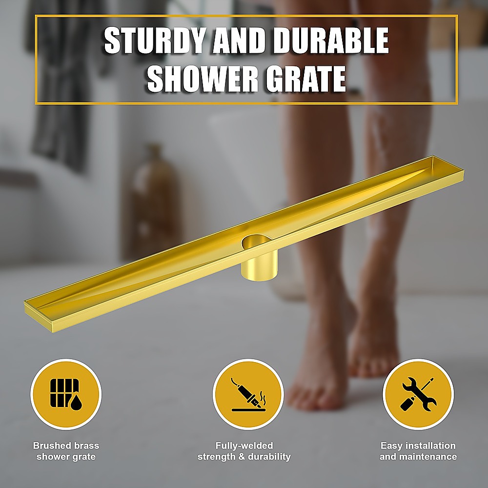 1200mm Bathroom Shower Brushed Brass Grate Drain w/ Centre outlet Floor Waste Square Pattern — image 6