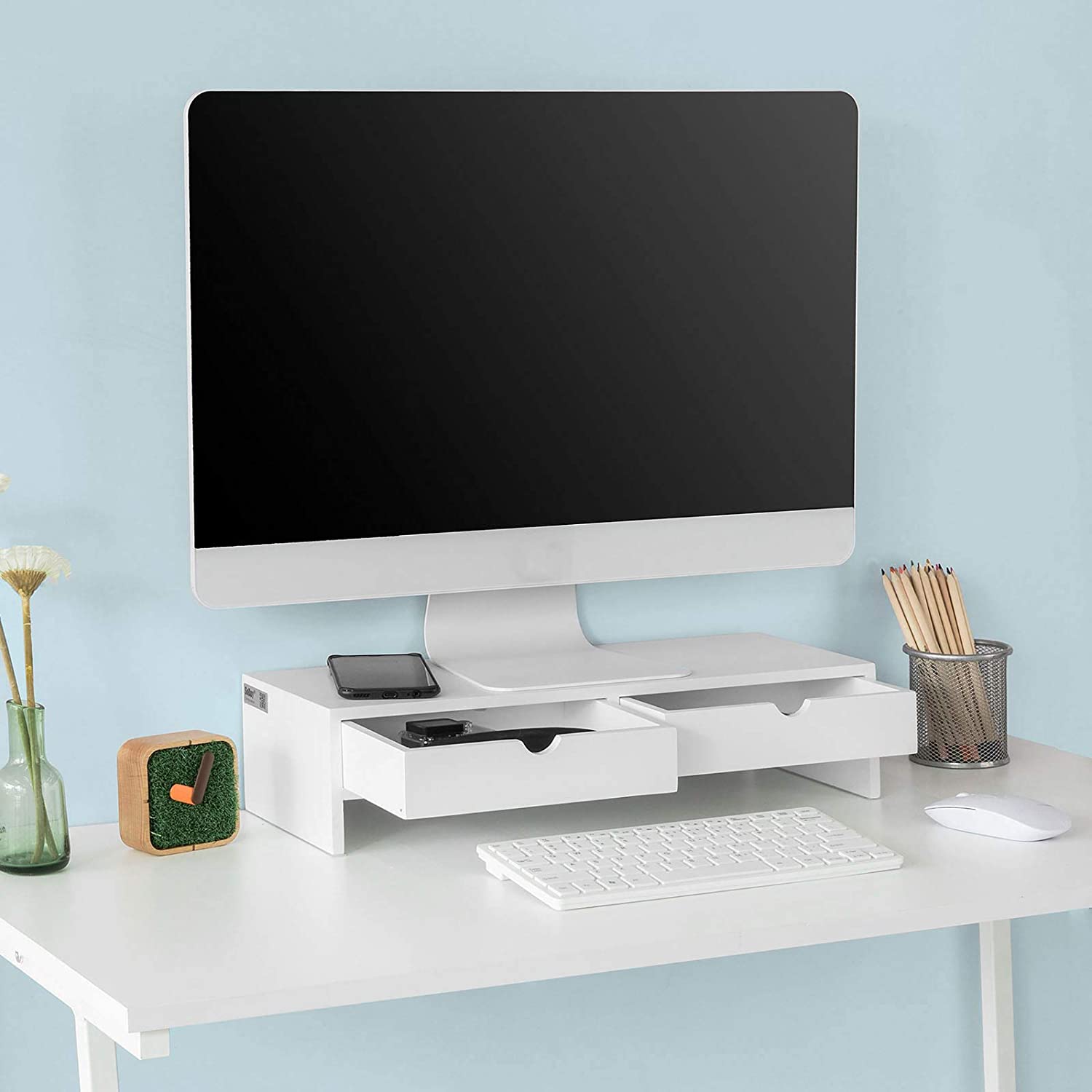 White Monitor Stand Desk Organizer with 2 Drawers — image 3
