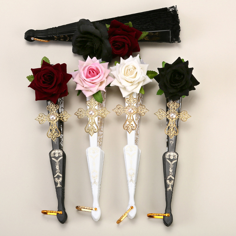 2 Pack White Sunflower with Gold Foil Embossing Vintage Lace Folding Fans Gothic Palace Style with Rose Cross Tassels for Tea Party Cosplay and Photo Props โ image 4