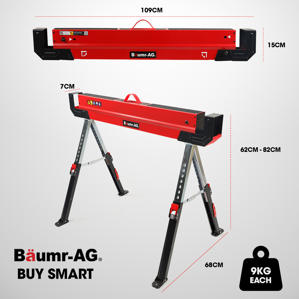 BAUMR-AG 2 x Steel Saw Horse, Folding Height Adjustable Sawhorse, 1180kg Capacity, 2 × 4 Support Arms — image 6