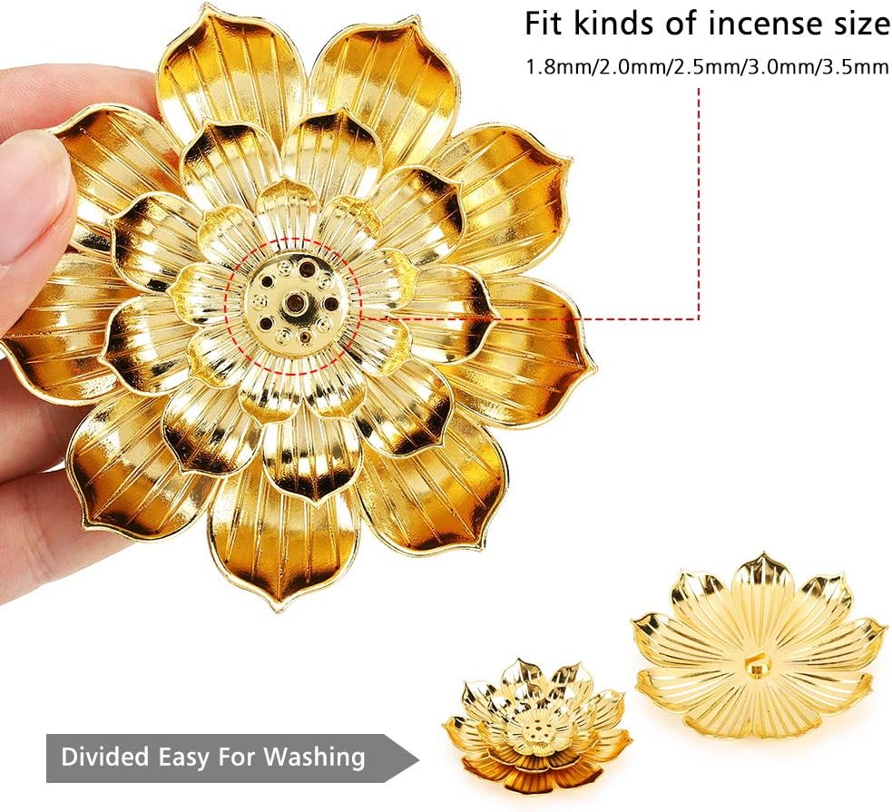 Zinc Alloy Incense Holder, Lotus Stick Incense Burner, Incense Holder for Stick/Coil/Cone Incense with Ash Catcher, Gold โ image 3