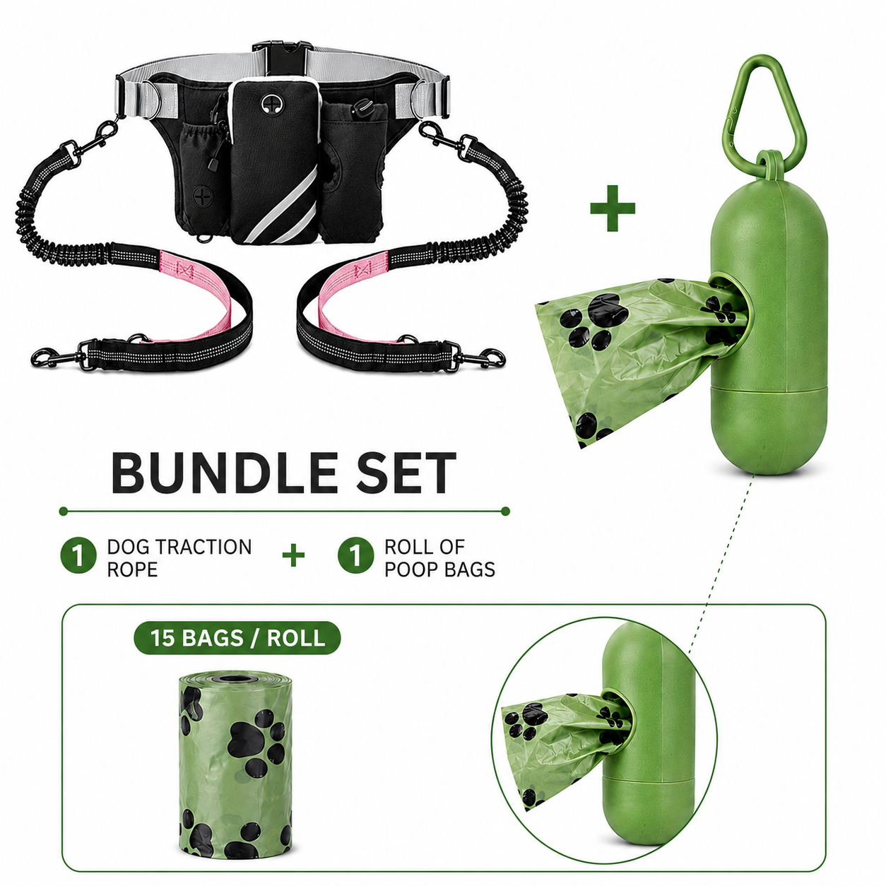 Hands Free Dog Leash Running Belt with Adjustable Bungee Lead(Pink), Multi Pocket Outdoor Waist Bag and Free Roll of 15 Poop Bags for Walking, Jogging and