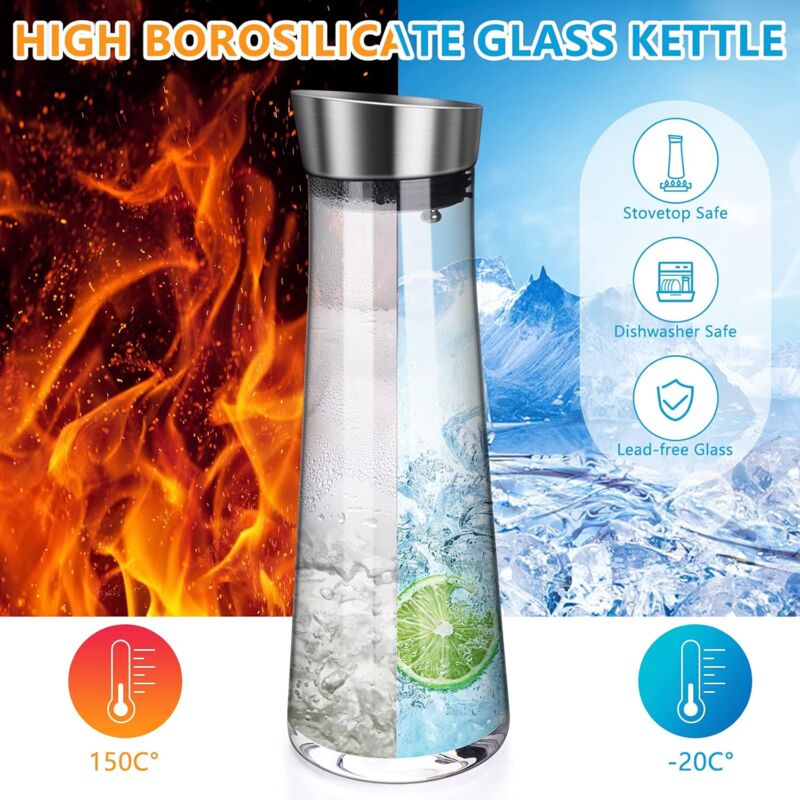 Glass Carafe, 1 Liter Leak Proof Glass Carafe With Stainless Steel Flip Lid For Water, Milk, Juice And Lemonade β image 3