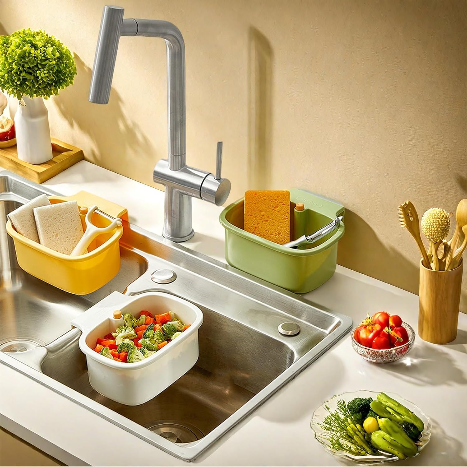 Green Multi-Functional Hanging Food Strainer for Sinks One Touch Release Screen Auto-Dump Kitchen Waste Filter Fruit Vegetable Washer — image 2
