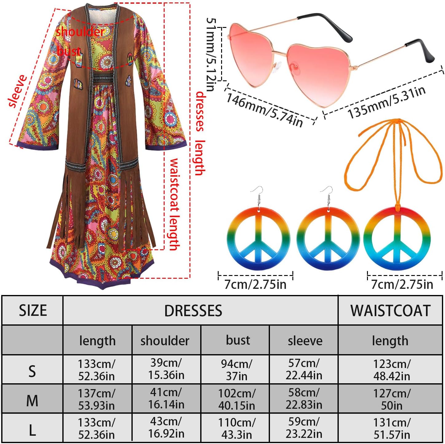 60s costume women, hippie women's dress set, 70s disco halloween outfits, hippie clothing women's costume, 60s clothing accessories M — image 2