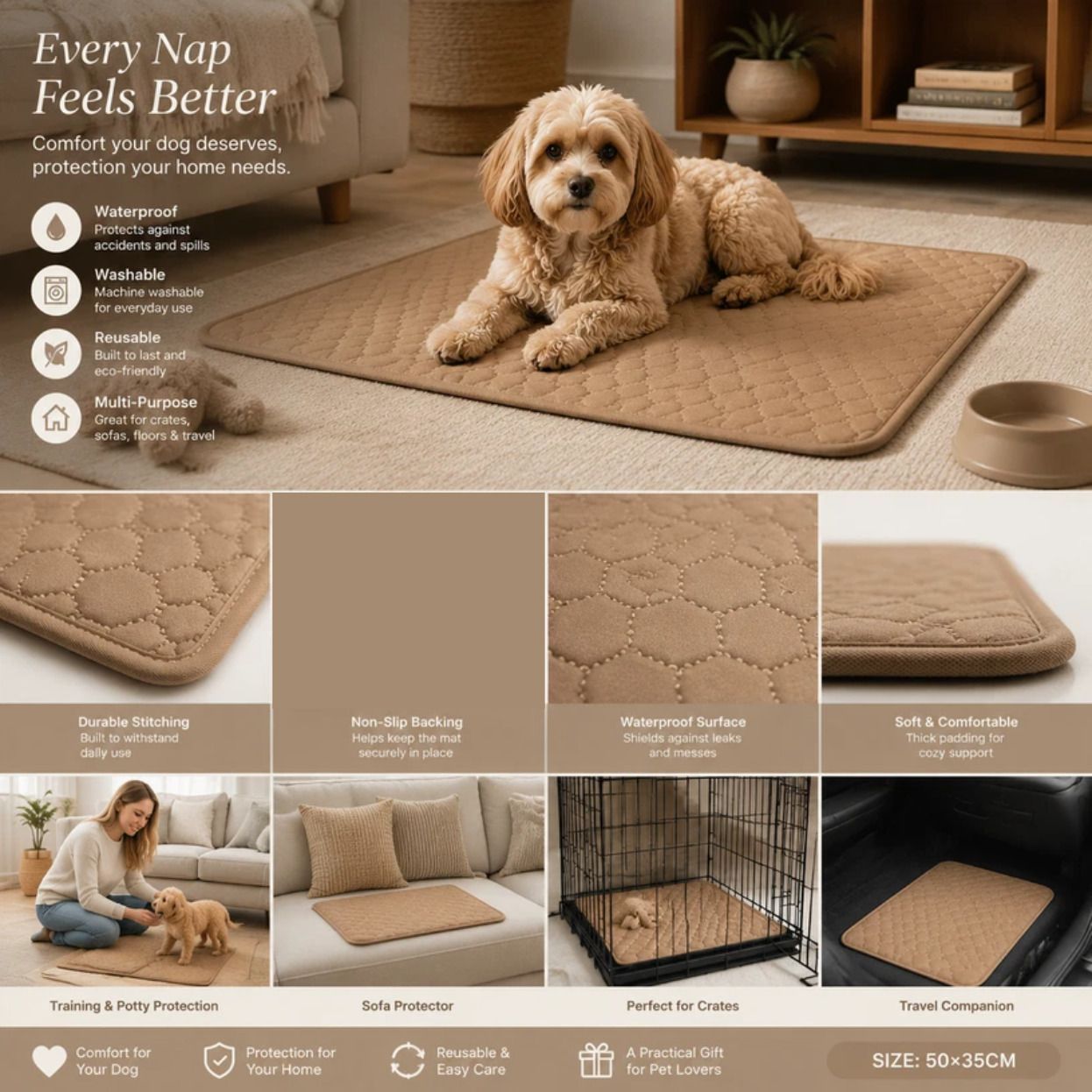 2pcs Coffee Pet Pad, Size S (50 × 35cm)