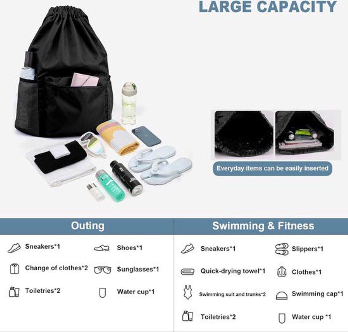Drawstring Gym Backpack, Water Resistant Sports Bag With Wet Dry Compartment And Multiple Pockets, For Men And Women Travel Swim Yoga, Black, 18.5 in โ image 4