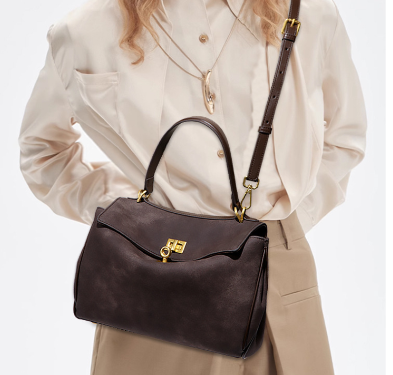 Coffee Women's Vintage Suede Satchel Bag - Elegant Top Handle Purse with Gold Lock โ image 2
