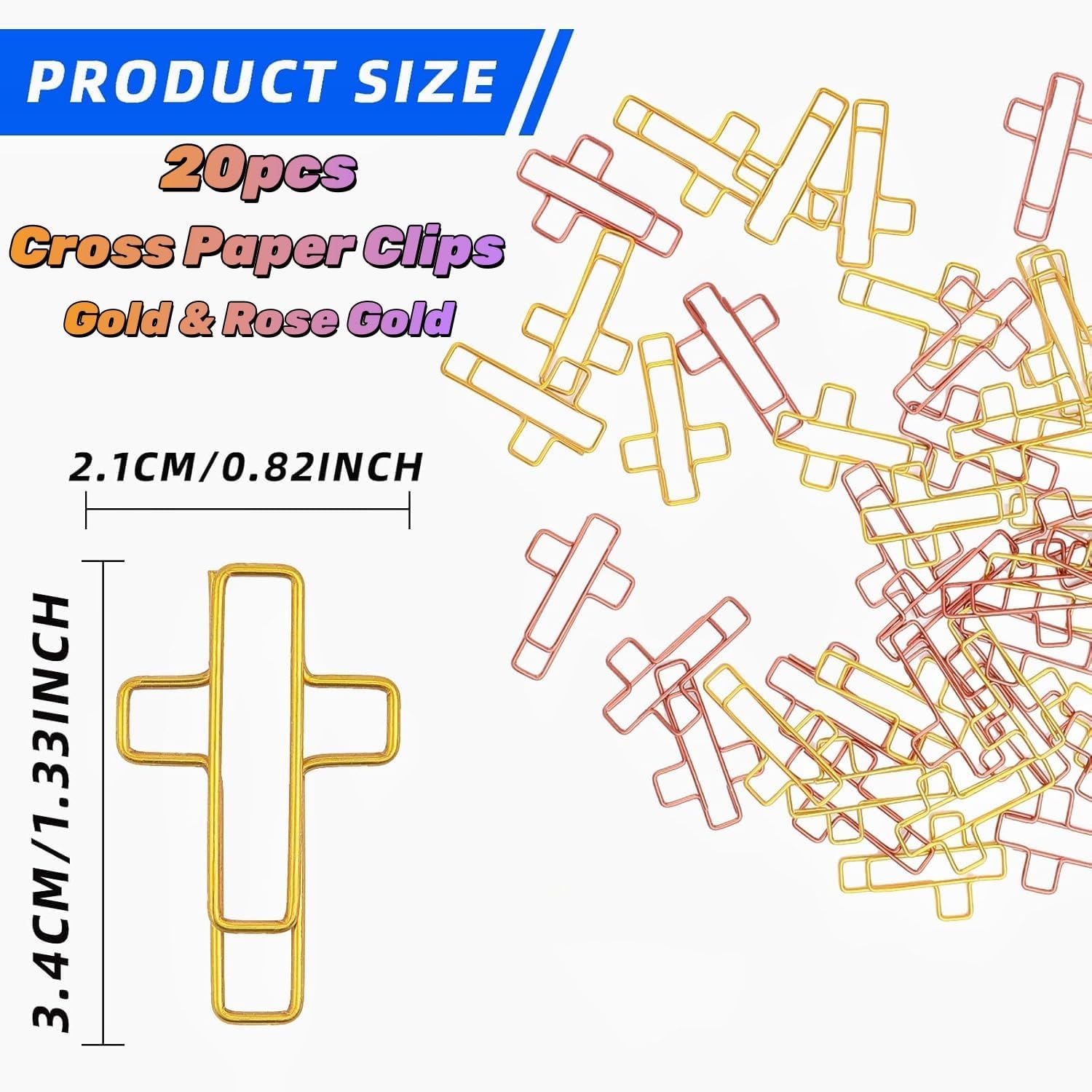 Cross Paper Clips - 20 Pack (Gold & Rose Gold) Bible & Journal Clips - Journaling Bookmarks Paperclips for Office School Home Use - Also Perfect for Bible