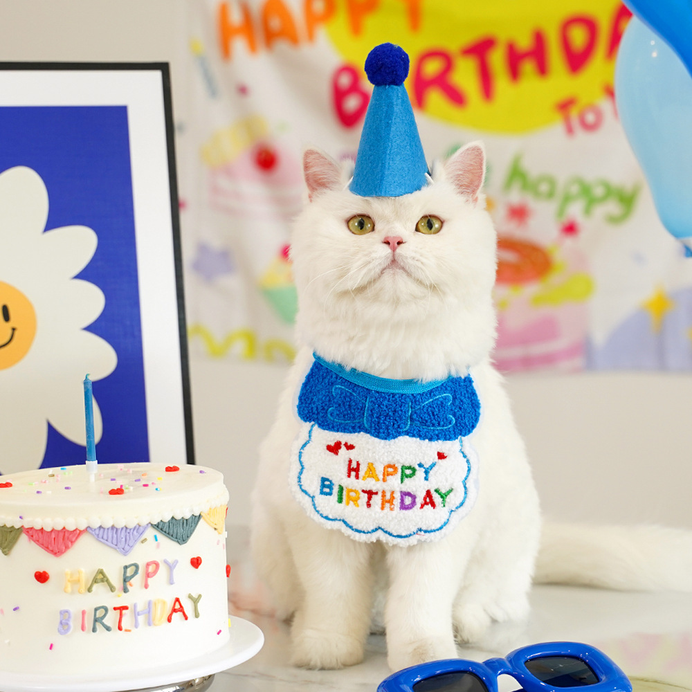 4-Pack Adorable Pet Dog Cat Birthday Party Hat & Bib Set(Purple & Dark-Blue) - Embroidered Bandana Bib & Felt Party Hat, Adjustable Tie-On Dress-Up โ image 2
