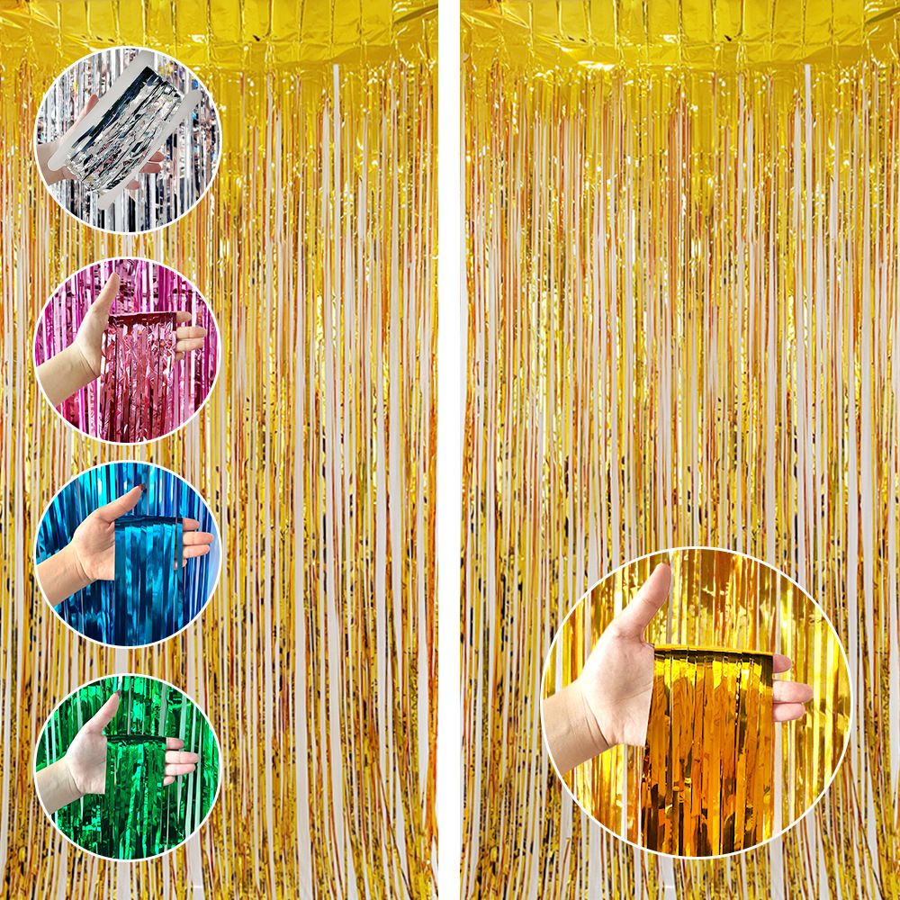 10 Pcs Dark Blue Shiny Tinsel Foil Fringe Curtain - 1m x 2m Metallic Streamer Backdrop for Birthday Parties, Weddings, Christmas, and Stage Decor - Gold โ image 3