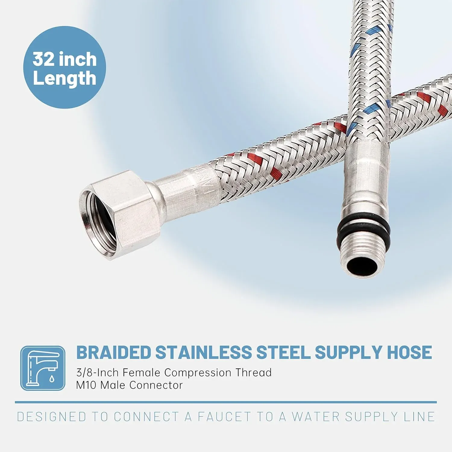Bathroom Kitchen Faucet Connector Hoses, Braided Stainless Steel Supply Lines, 3/8 Inch Female x M10 Male, 32 Inch, 2 Pack — image 4