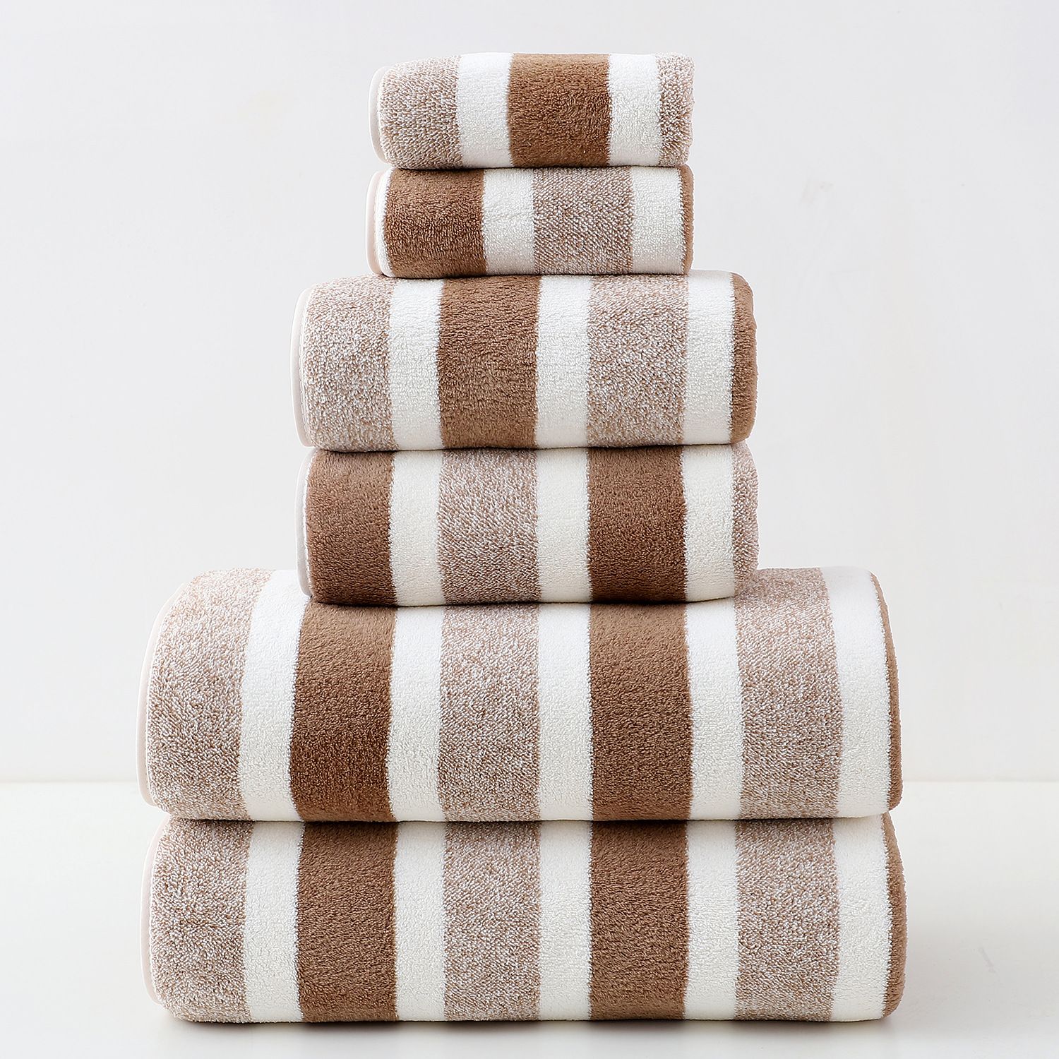 Absorbent Striped Towel 6 Piece Bundle Brown White Bath Towel Hand Towel Face Washer Home Spa Shower Travel Set