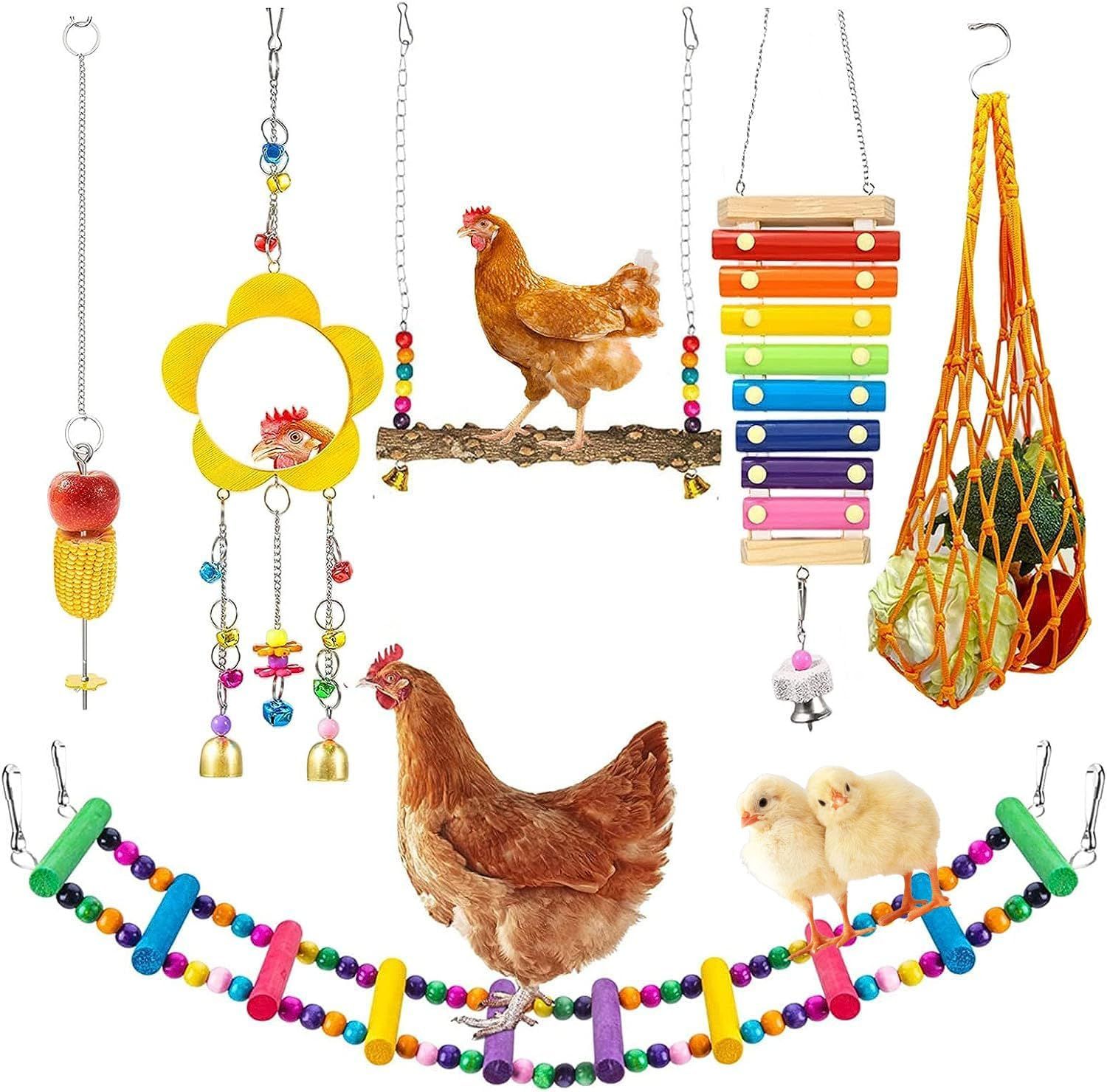 7PCS Chicken Coop Toys, Chicken Swing Ladder Perch Roosts, Xylophone Mirror with Bells, Vegetable Fruit Hanging Feeder for Hens Bird Parrot