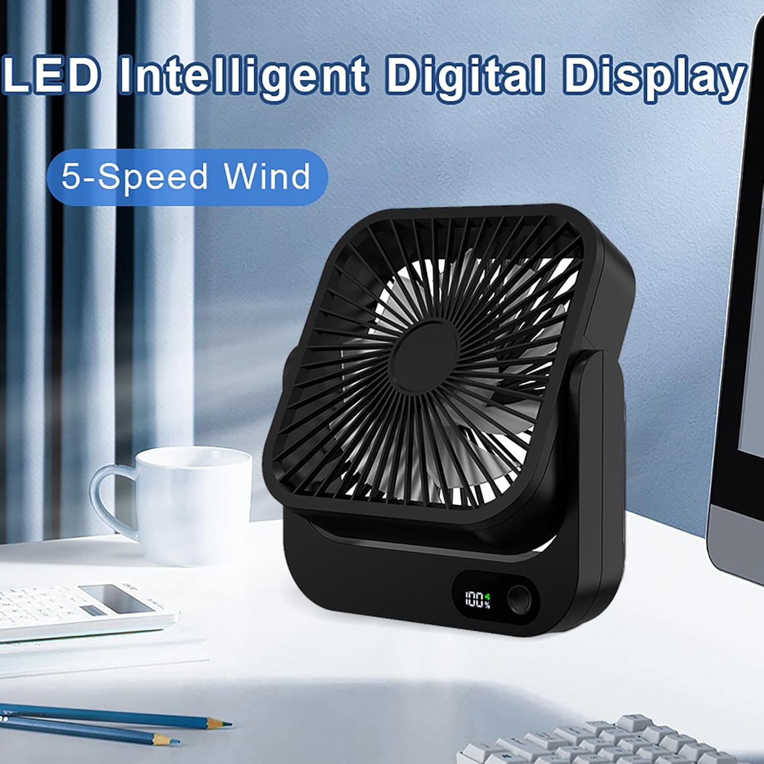 Magnetic Rechargeable Mini Desk Fan with 5-Speed LED Display for Office, Dorm & Bedside Use (Black) — image 6