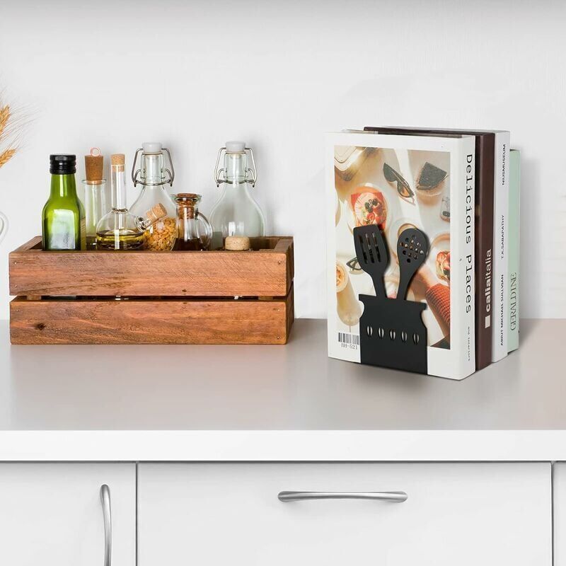 Cookbook Endcaps Black, Slip Mat Cookbook Holders Metal Cookbook Storage Metal Bookends with Anti-Decorative Cookbook Spoon — image 4