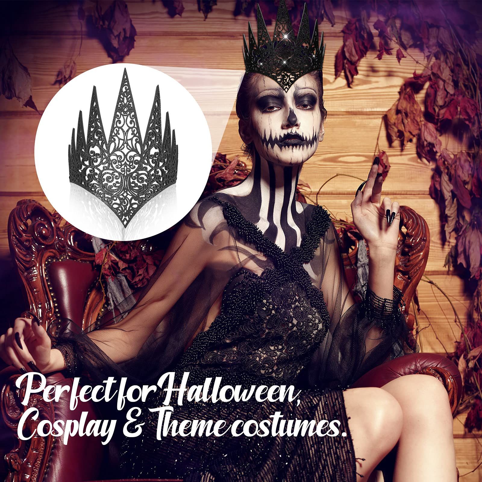 2 Pieces Royal Die Cut Queen Crown Halloween Glitter Evil Queen Crown Costume Witch Crown Cosplay Hair Accessories, Black, Gold — image 5