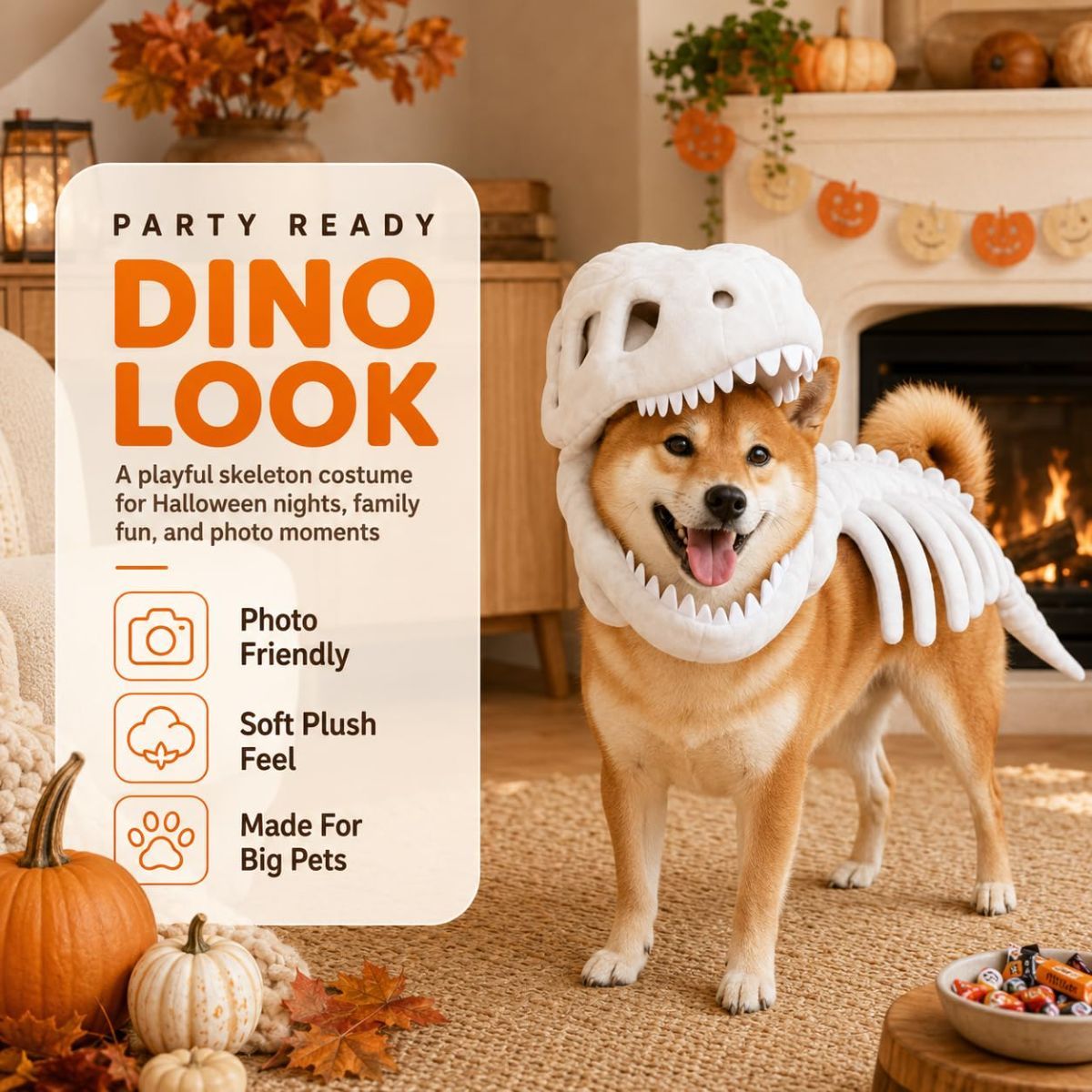 Dinosaur Skeleton Glow in Dark Dog and Cat Costume, Pet Dinosaur Costume, Plush Halloween Pet Hood Outfit - Green - Size 35.4in โ image 5