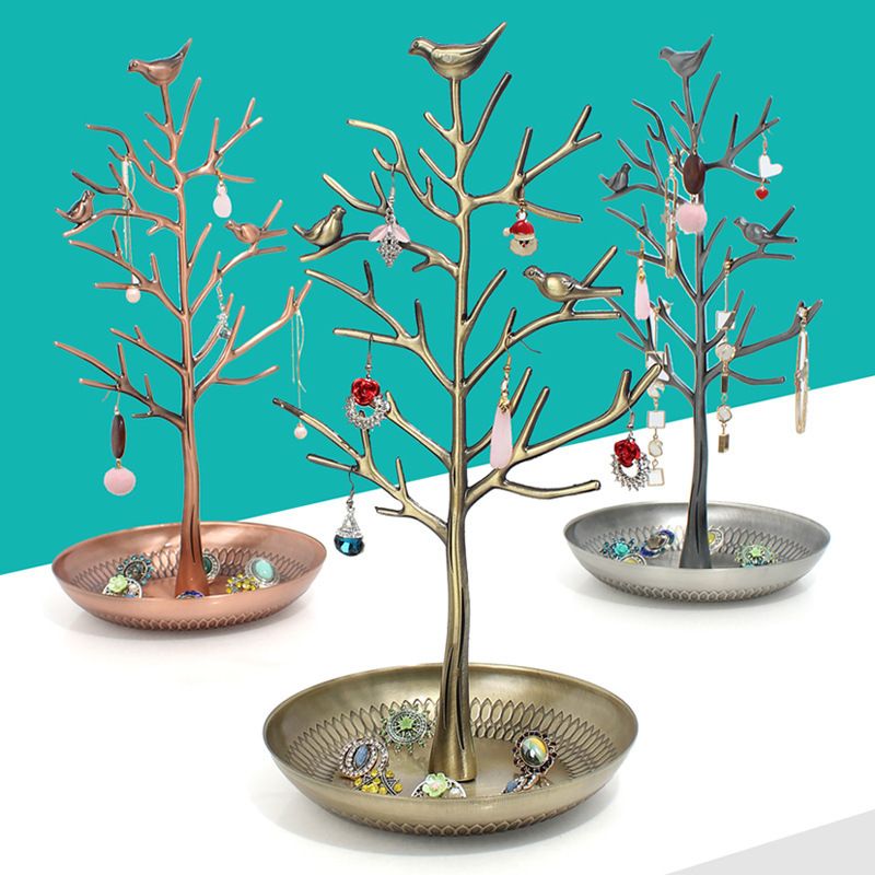 Ancient Cyan Detachable Alloy Jewelry Stand Deco with Bird-Tree Shaped Branches and Thickened Lotus Base Tray for Earrings, Chain Necklaces โ image 2