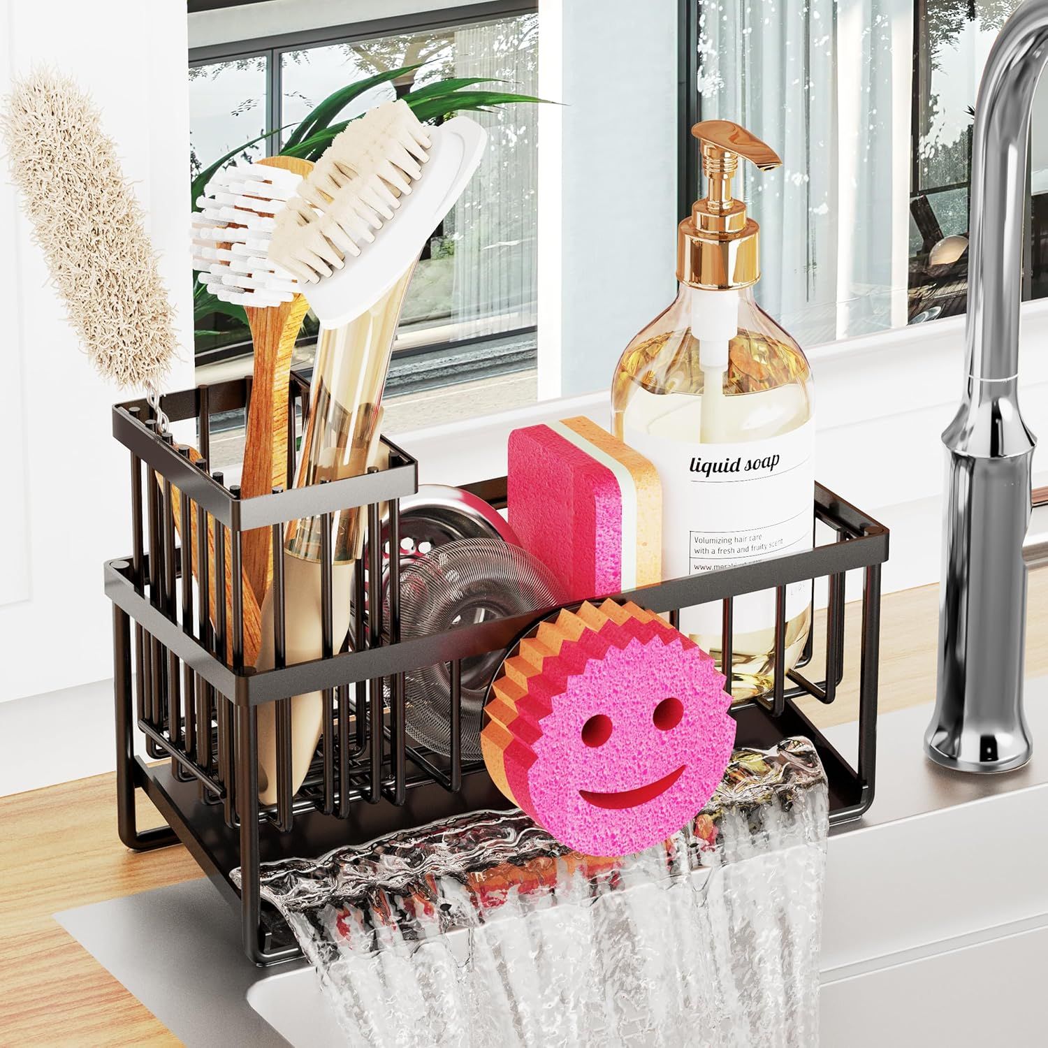 Stainless Steel Sink Organizer Self Draining Sponge Holder Matte Black