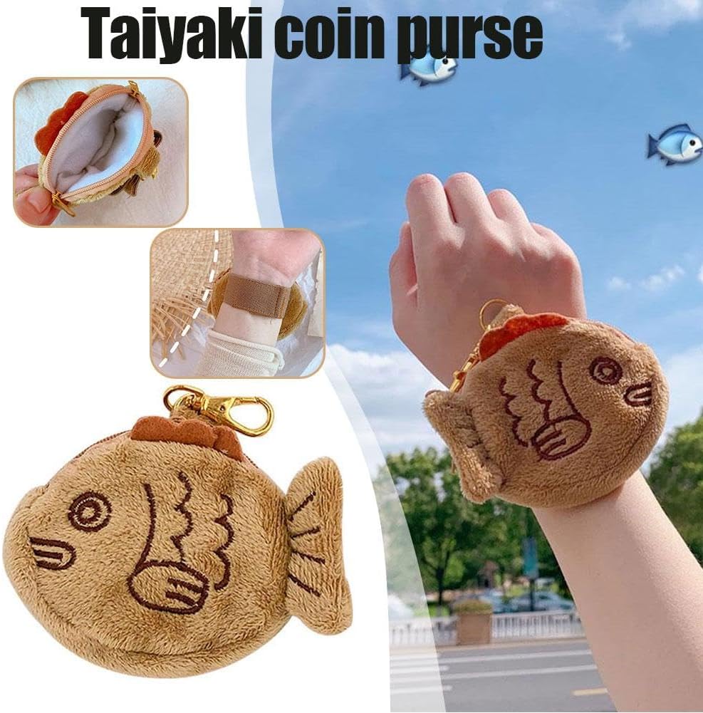 1Pc Brown Cute Plush Coin Purse Keychain, Mini Wrist Purse Bag, Japanese Creative Adjustable Soft Taiyaki Coin Pendant With Zipper Plush Pouch for Girl Women's โ image 5