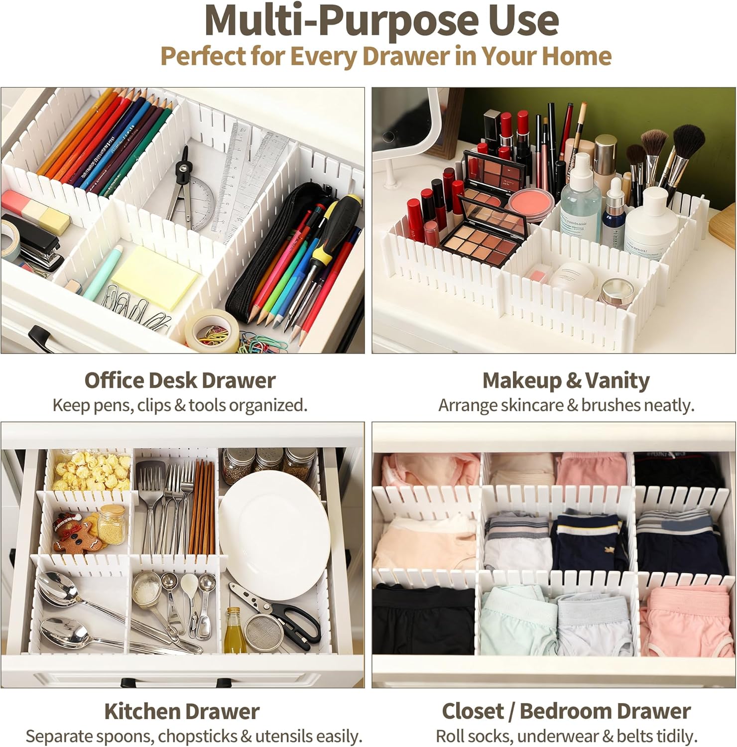 Drawer Divider Adjustable DIY Storage Organizer Separator for Tidying Clutter Cutlery Underwear Socks Clothes Dresses Desk & Box in Kitchen Bathroom Bedroom — image 4