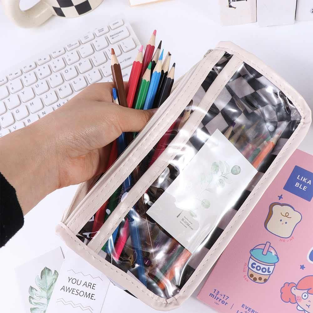 Transparent Large Capacity Checkered Pencil Case, Waterproof Pen Box Zipper Pencil Case, Anti-scratch Pen Case(black) — image 5
