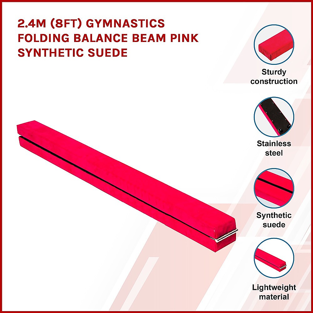 2.4m (8FT) Gymnastics Folding Balance Beam Pink Synthetic Suede — image 3