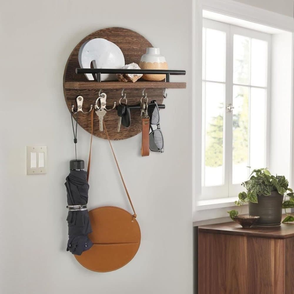 Wooden Key Holder with Storage Tray and Hooks for Hallway Corridor Bedroom Office, Brown — image 3