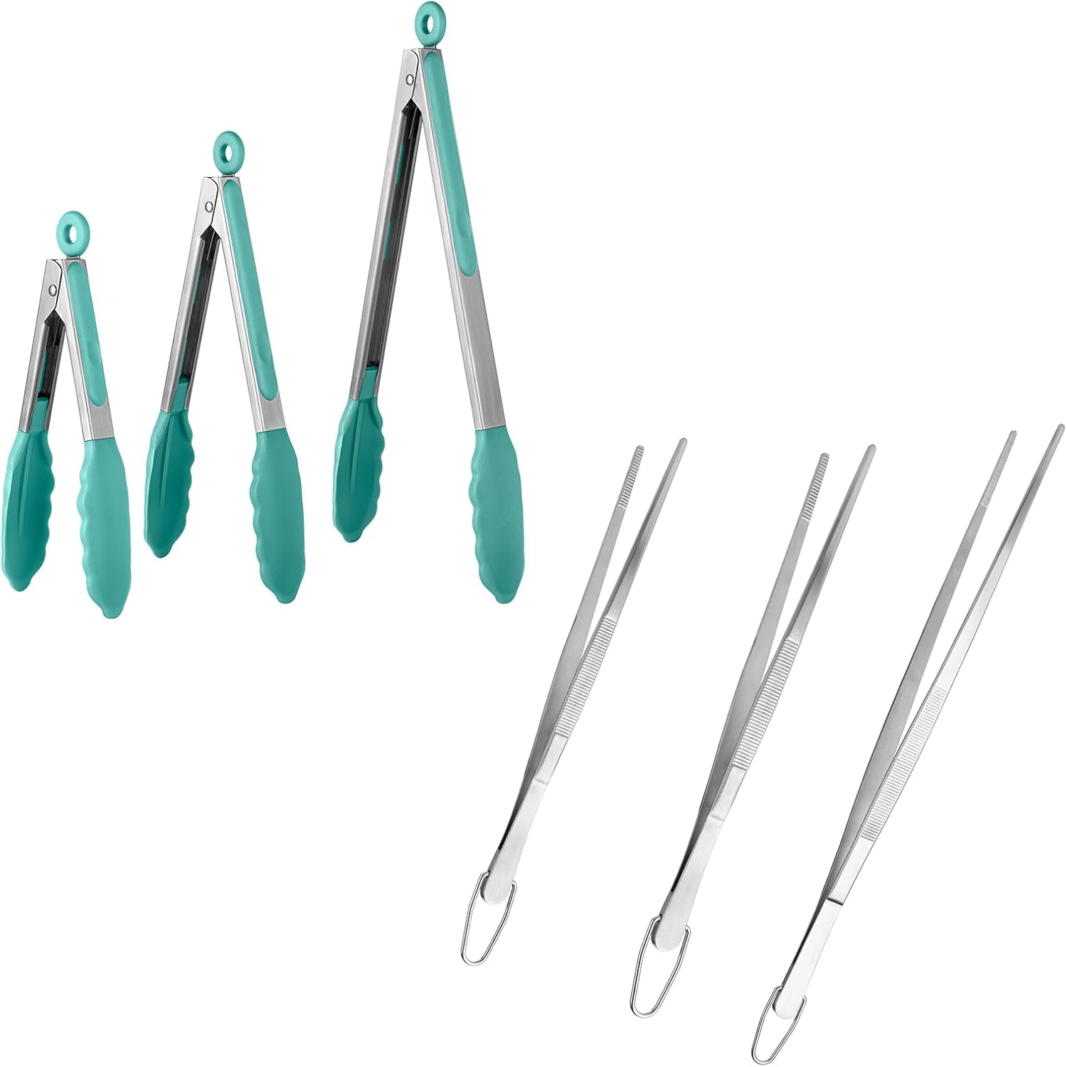 600ºF Heat Resistant 7/9/12 inches Silicone Cooking Tongs with Non Stick Rubber Tips (Aqua Sky) and 8"+10"+12" Kitchen Tweezer Set:18/8 Stainless Steel
