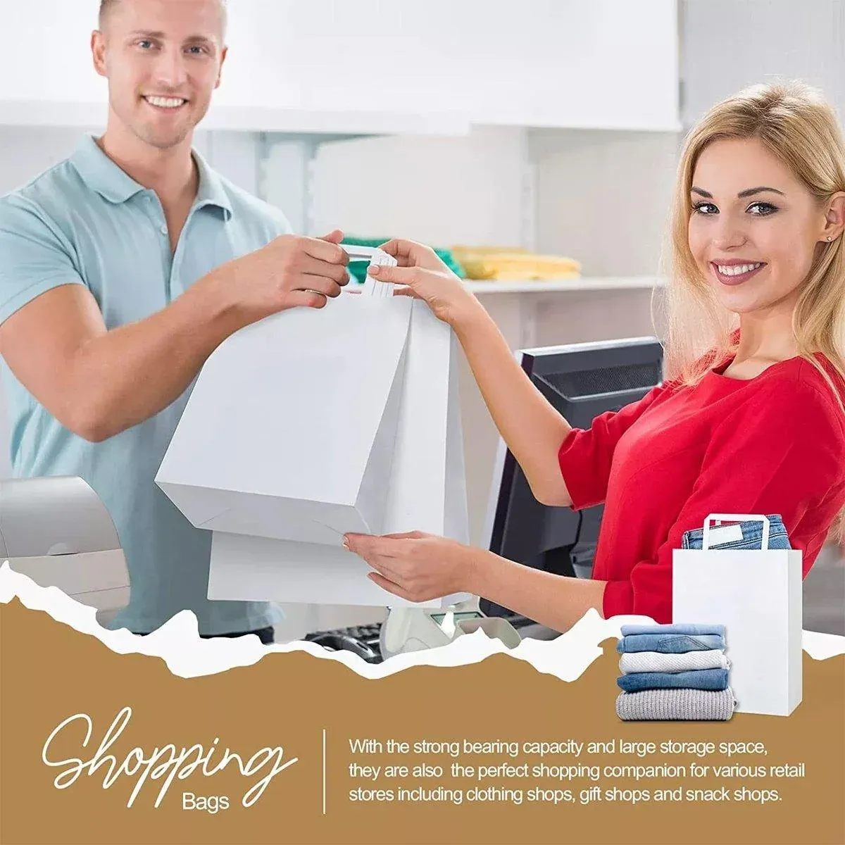 50pcs White Kraft Paper Tote Bags Gift Bags for Packaging Shopping and Storage β image 5