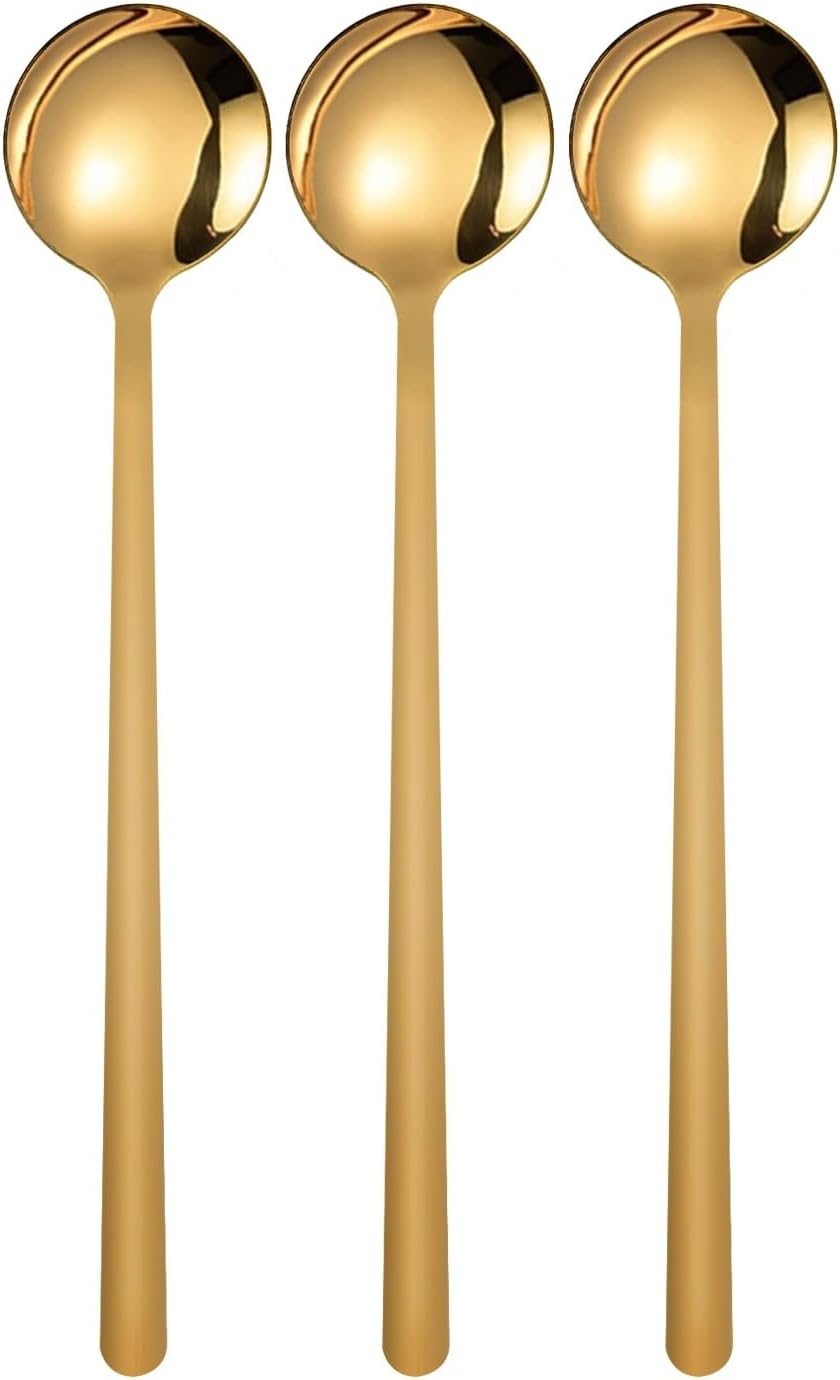 3 Pack Coffee Spoons, Stainless Steel Dessert Spoons, Small Tea Spoon, Long Handle Spoon for Ice Cream, Latte, Hot Chocolate, and Cake (Gold, 5.3 inch)