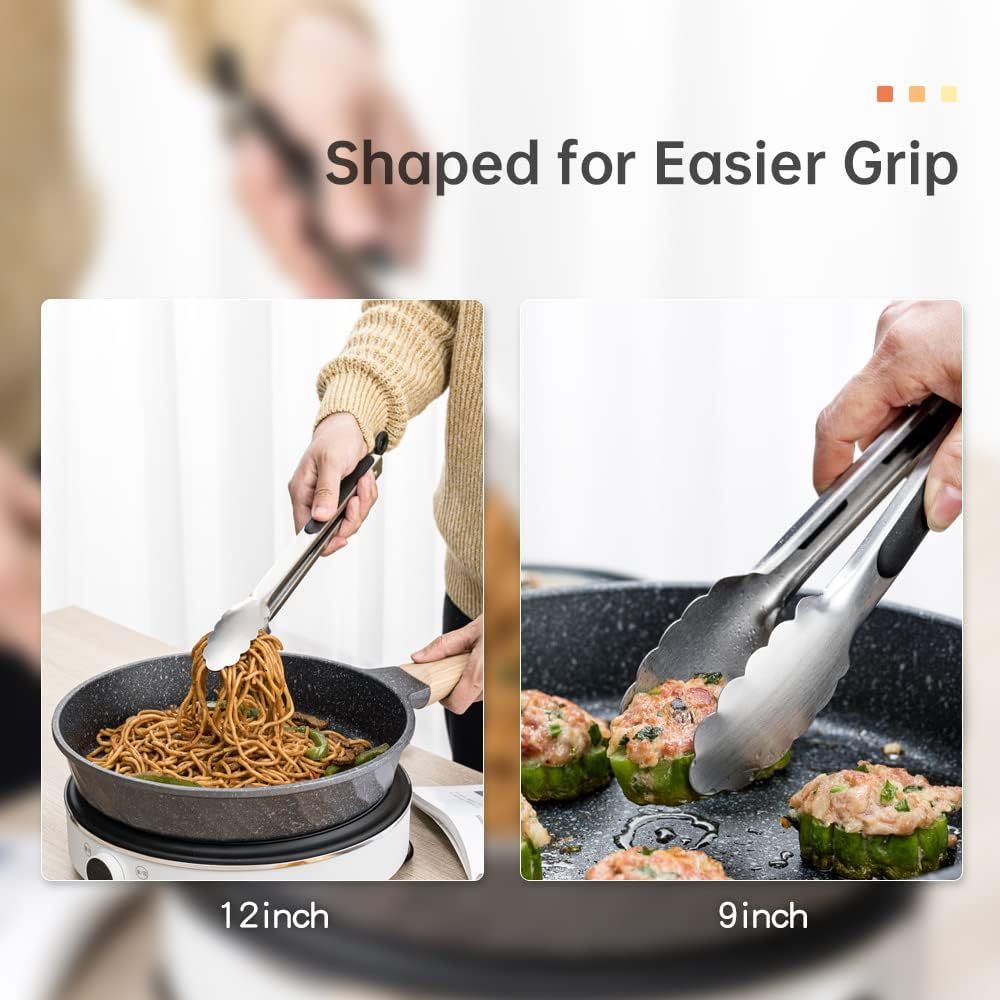 2 Pack Stainless Steel Kitchen Tongs Set (9" 12"), Non-Slip Metal Cooking & Serving Tongs with Hanging Loop (Black) — image 3