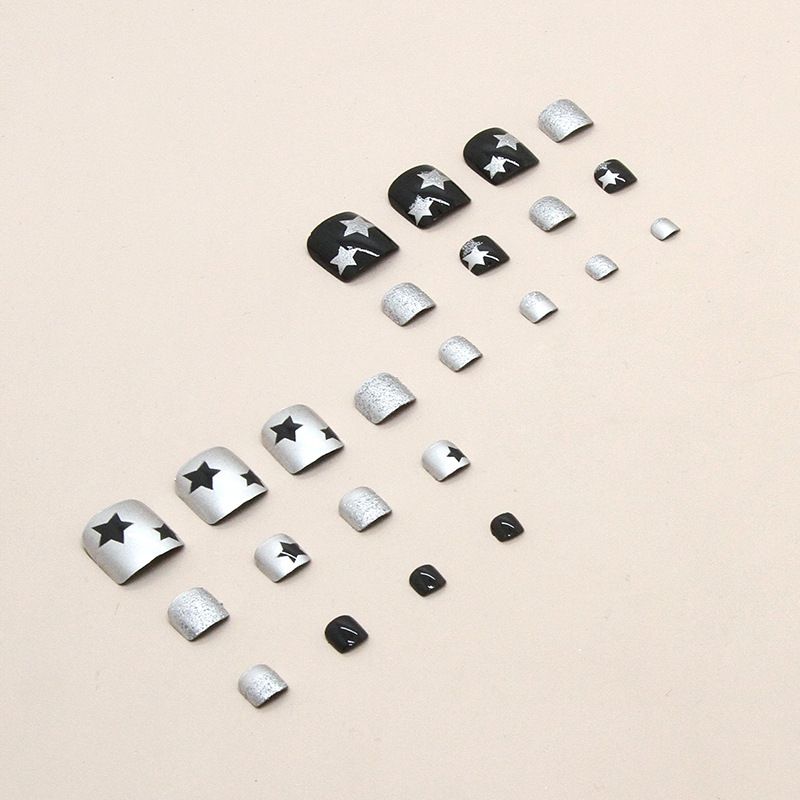 Short Press on Toenails Square False Toenails Black silver Fake Toe Nails Stars Designs Glue on Toenails Full Cover Stick 24Pcs — image 4