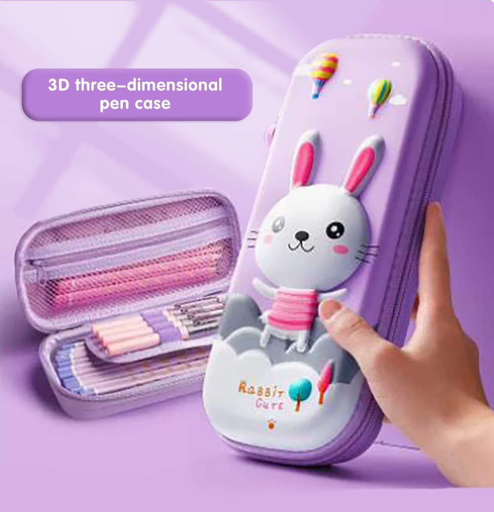 Cute Pencil Case for Girls 3D Cartoon Storage Pouch Pen Holder for School Kids Children's Student Stationery Box Rabbit Purple — image 2