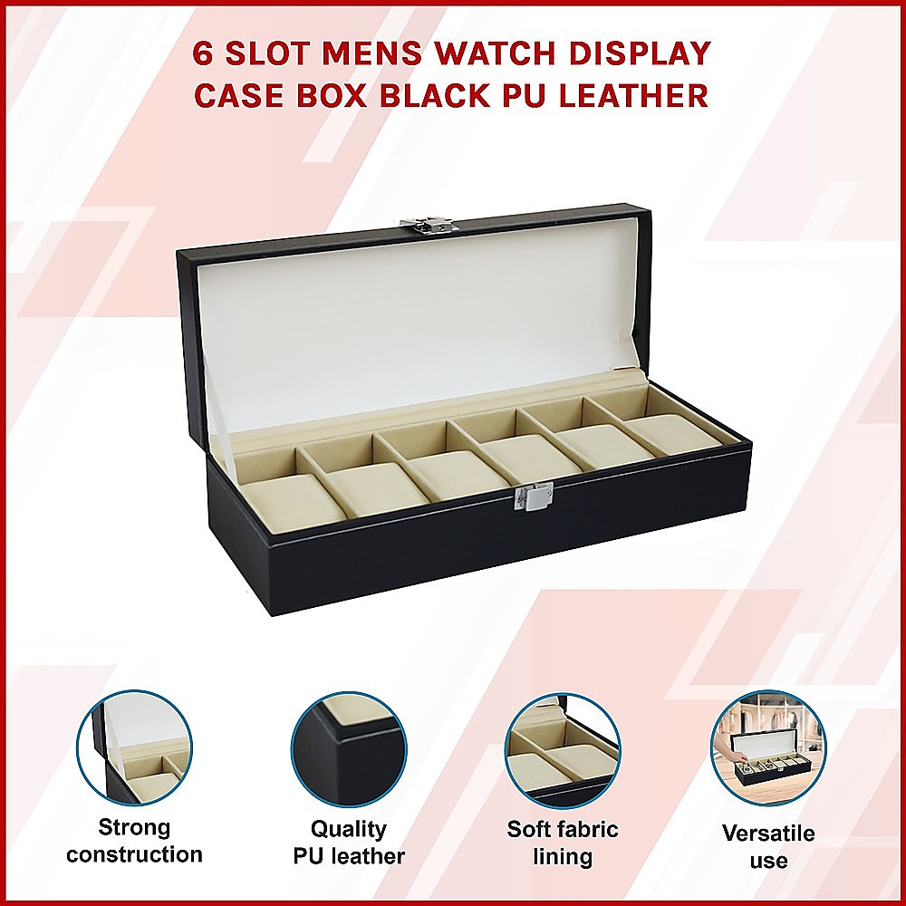 6 Slot Mens Watch Display Case Box Black PU Leather โ image 3