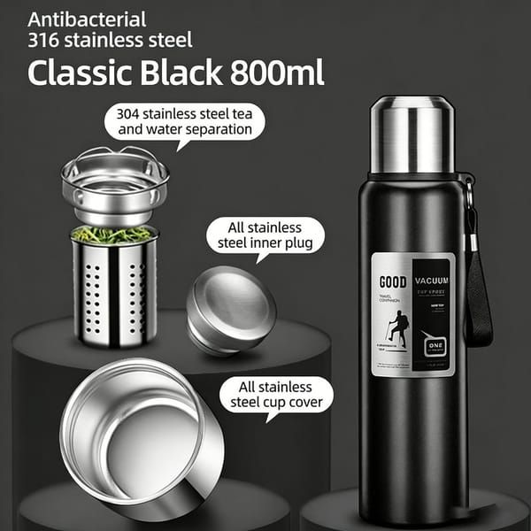 800ml Outdoor 316 Stainless Steel Vacuum Flask, Large‑Capacity Travel Insulated Water Bottle with Tea Infuser, All‑Steel Thermos for Hiking & Camping, Black