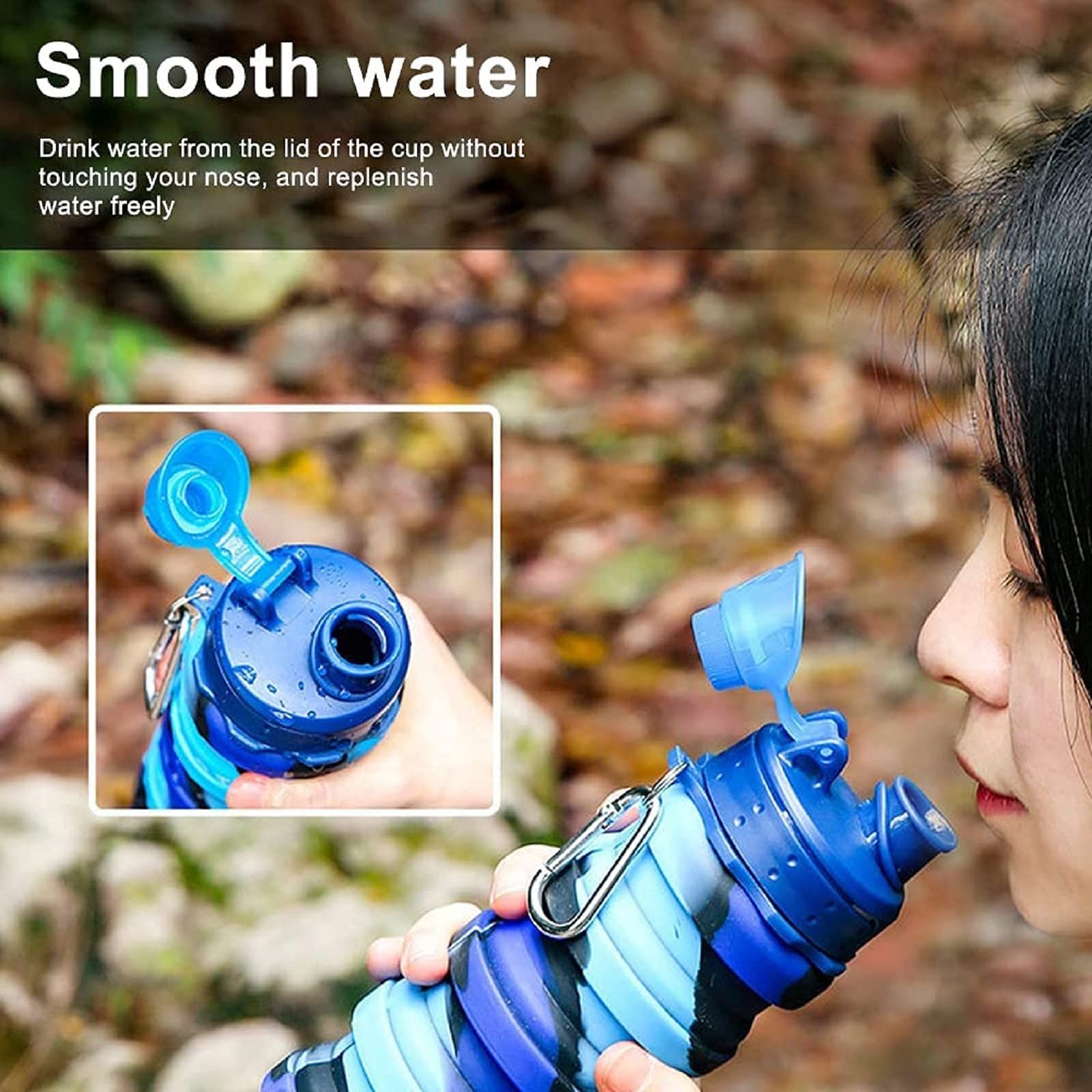 Collapsible Silicone Sports Water Bottle, 500ml Adjustable Size Reusable Leak Proof Water Easy to Carry Kettle (Camouflage Blue) — image 4