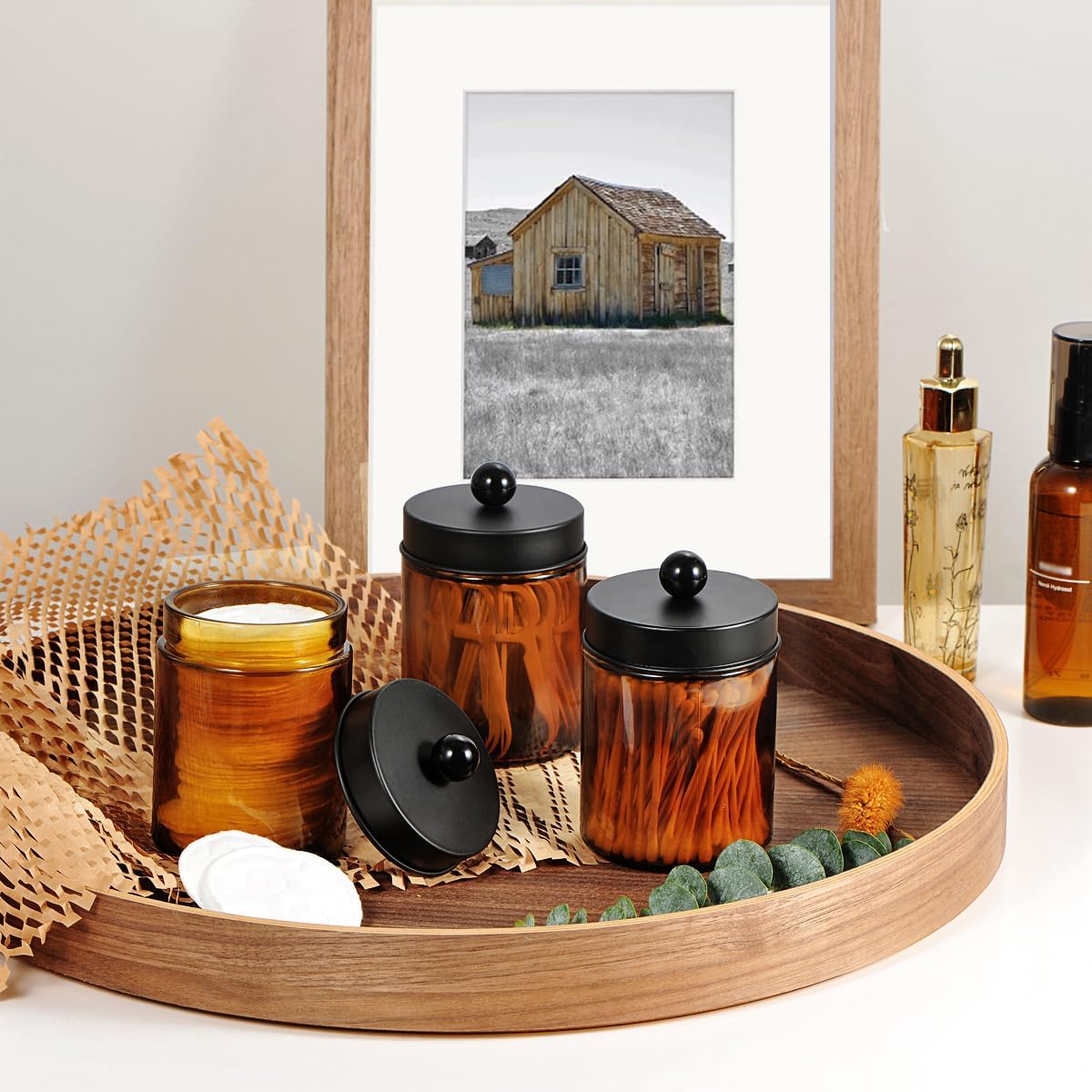 Amber Glass Qtip Holder, Apothecary Jar,Qtip Dispenser with Metal Lid & Stickers- 3Pack Containers,Vanity Canister Organizer Storage,Bathroom Accessories Set — image 6