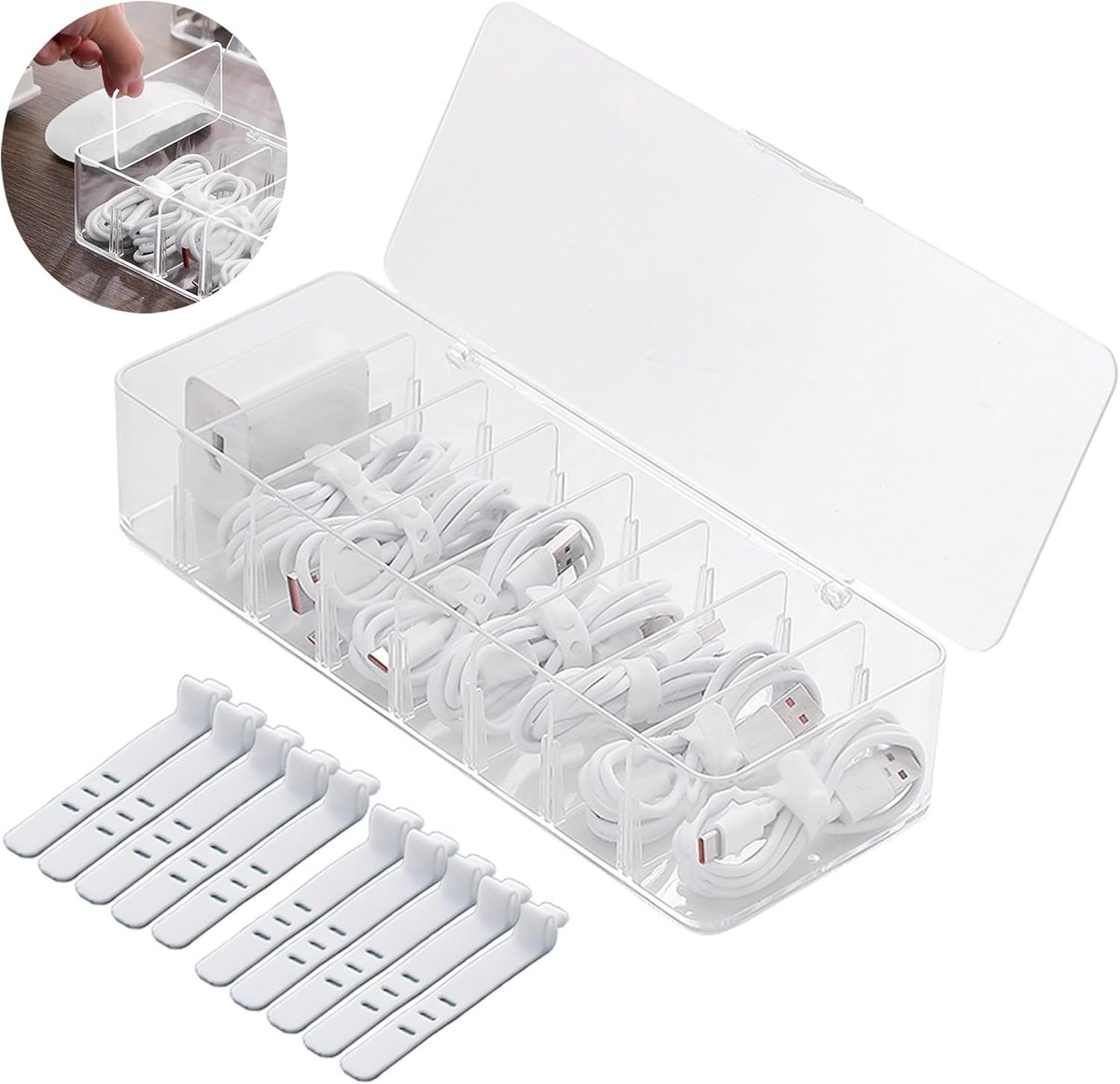 Cable storage box - Cable organizer with 10 cable ties - Cable storage box - Clear plastic storage box for office, workbench, living room, bedroom (large size