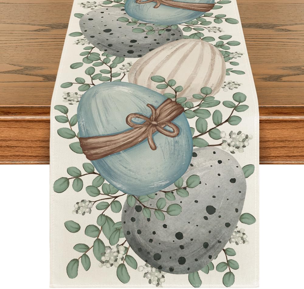 Eucalyptus Egg Easter Table Runner, Spring Kitchen Dining Table Decor for Indoor Outdoor Home Party Decor 13 × 72 Inch
