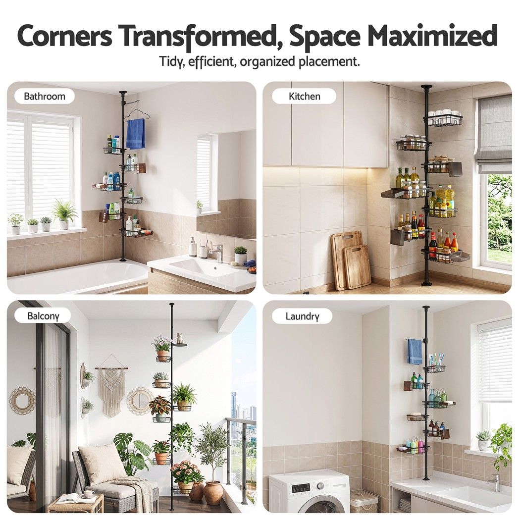 Artiss Tension Pole Shower Caddy Steel Corner Bathroom Shelf Black โ image 4