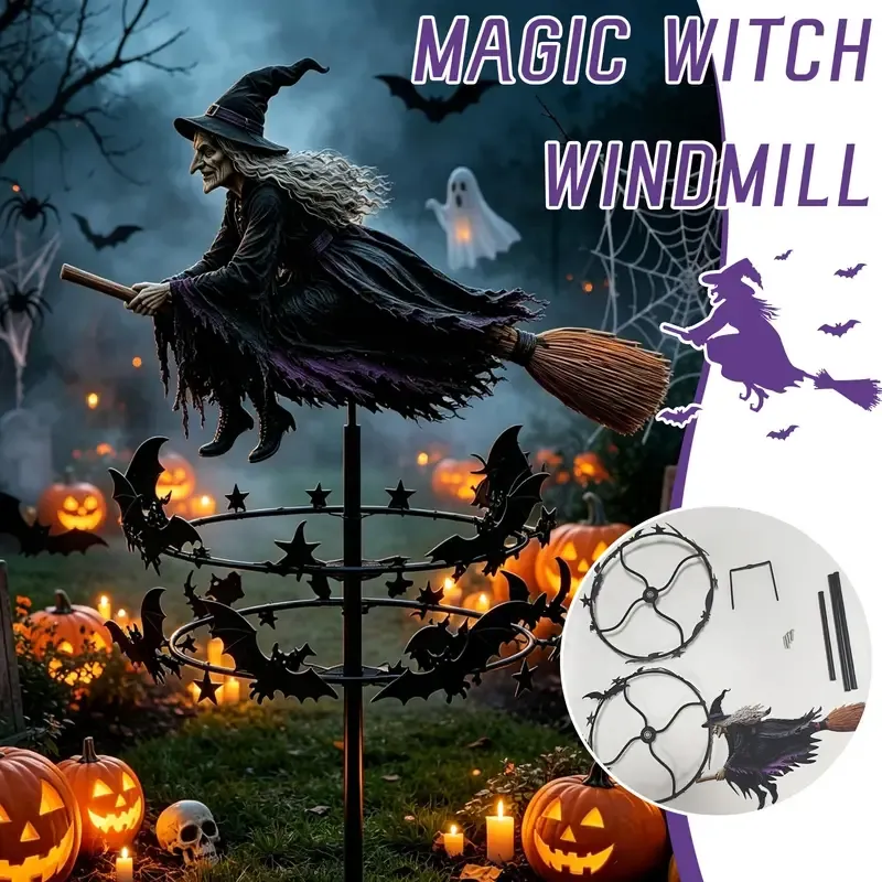 π§βοΈ Halloween Flying Witch Broomstick Windmill Lawn Stake, featuring a double-layer bat spinning design. The ultimate yard decoration β magic comes alive with β image 6
