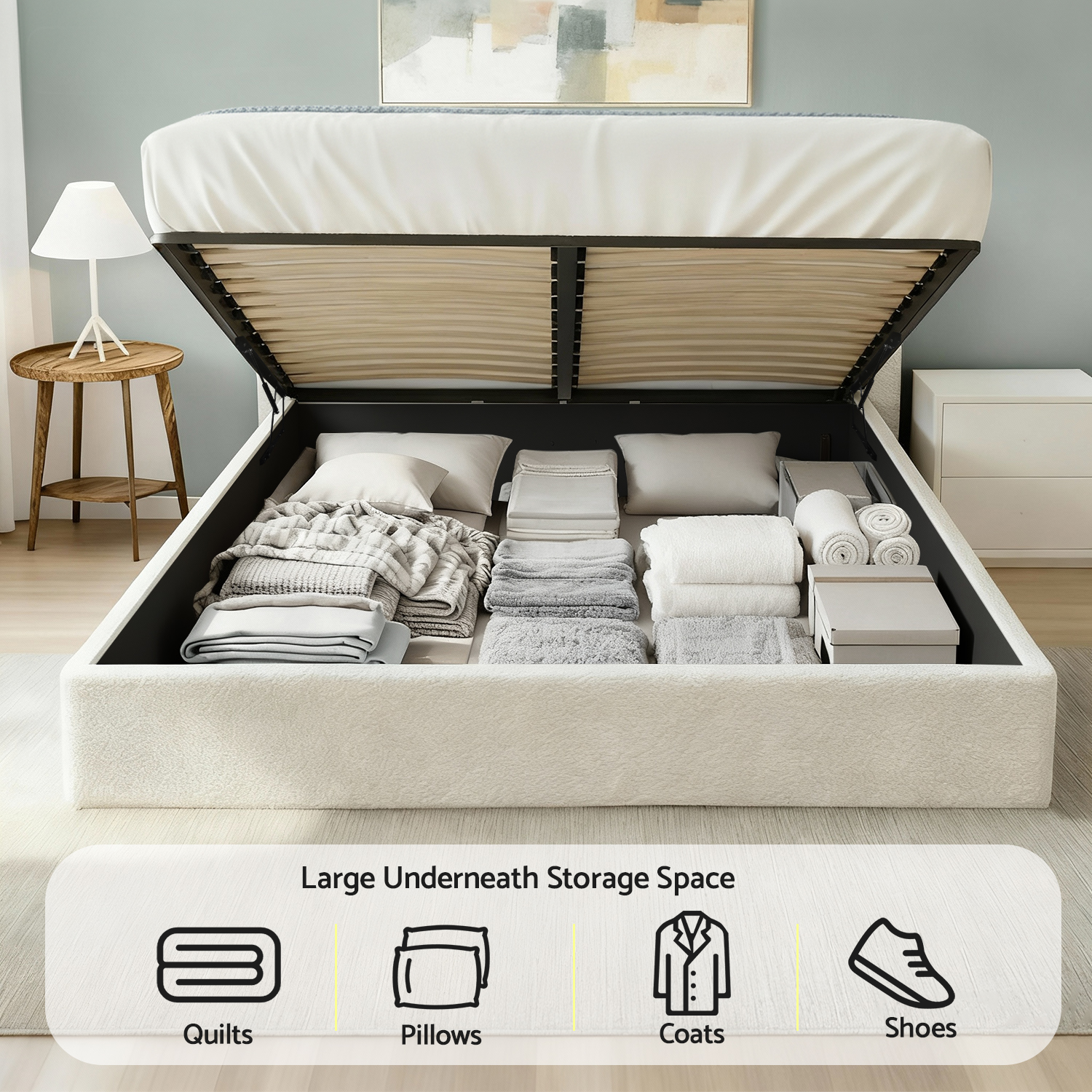 Artiss Double Bed Frame with Gaslift Storage Wooden Platform Mattress Base Boucle Upholstered White โ image 4